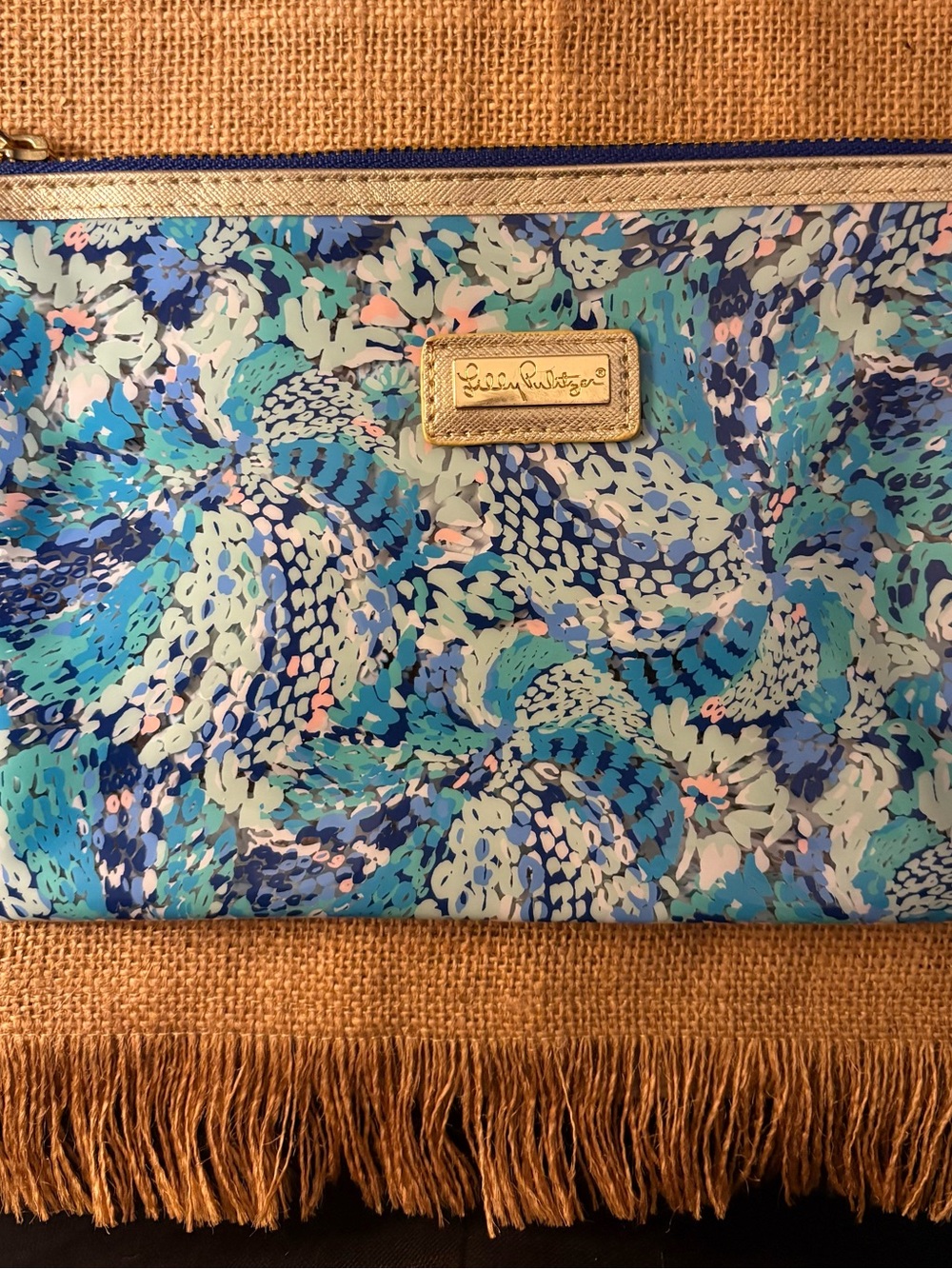 Lilly Pulitzer Blue Teal Floral Zip with Gold Trim- Pouch